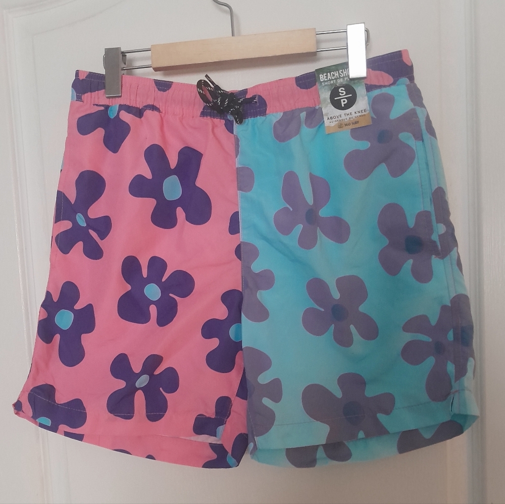 Men’s Two-Tone Pink & Teal Floral Swim Shorts